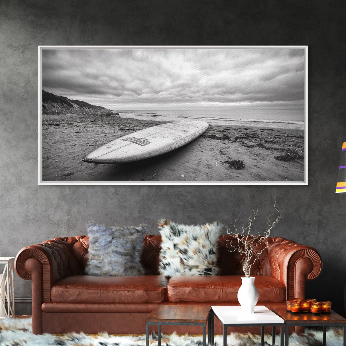Surfboard, Coastal Shore, Serene Beach, Cloudy Sky, Framed Canvas Print, surfer room decor, rustic beach wall art, neutral home style