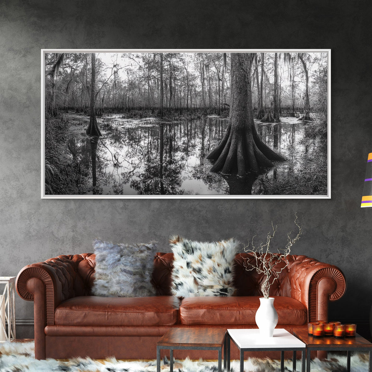 Swamp Trees, Cypress Water, Nature Reflections, Marsh Scene, Framed Canvas Print, rustic cabin decor, hallway wall art, forest wall print