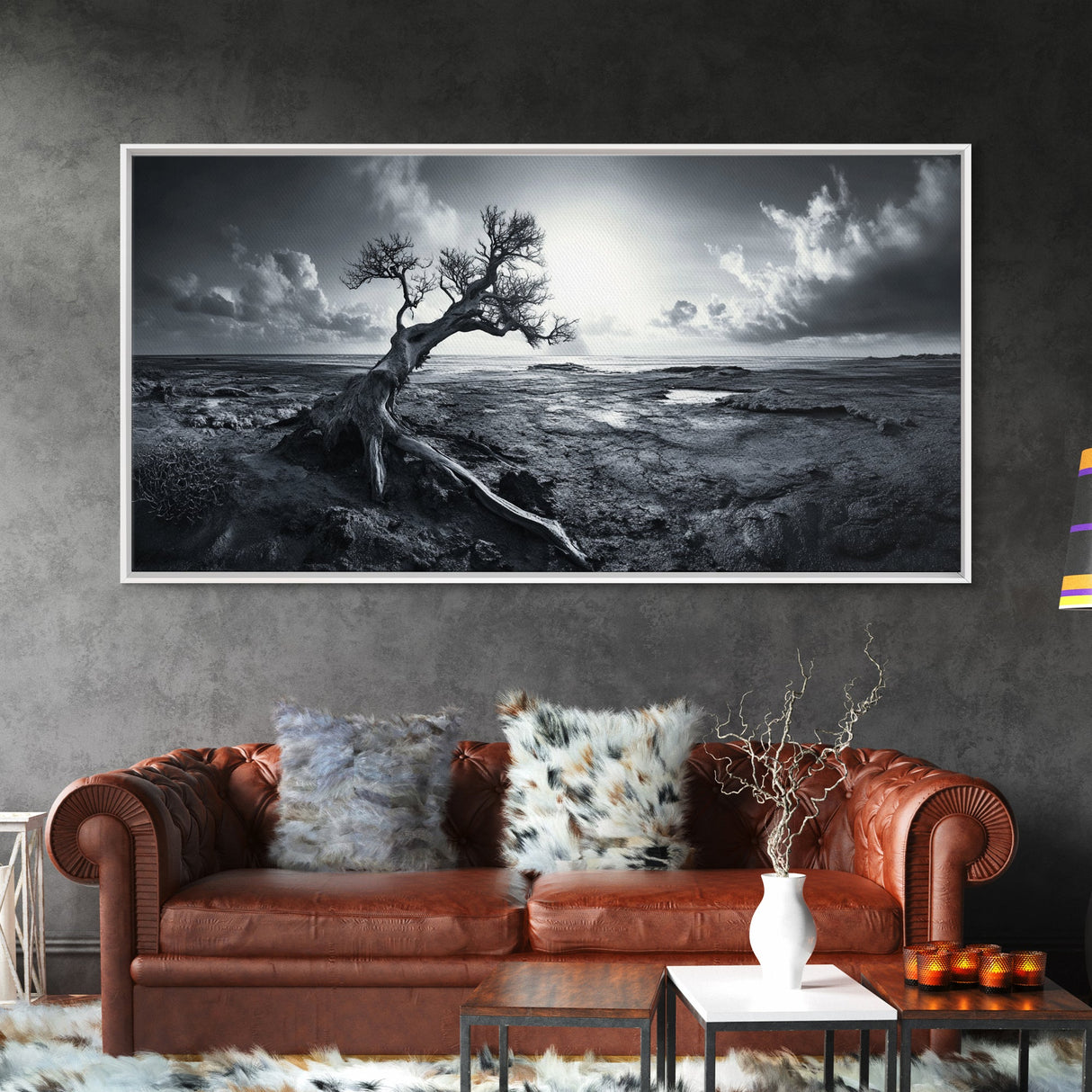 Windswept Tree, Coastal Landscape, Stormy Sky, Canvas Print, Desert Wall Art, Rustic Living Room Decor, Dramatic Minimalist Artwork