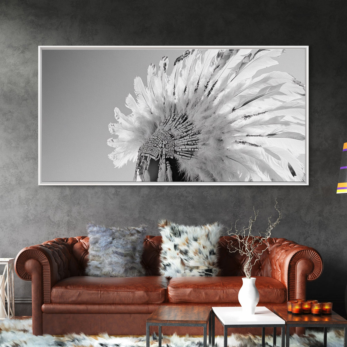 Native Headdress, Feather Crown, Cultural Tribute, Canvas Print, Boho Tribal Decor, Bedroom Wall Art, Monochrome Indigenous Style