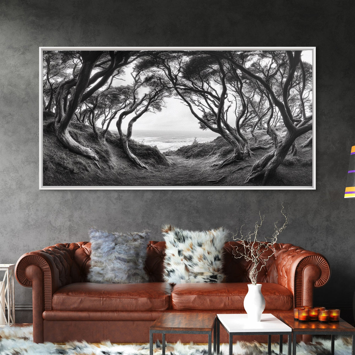 Coastal Trees, Windswept Forest, Ocean View, Framed Canvas Print, Boho Wall Art, Living Room Art, Nature Wall Decor, Monochrome Landscape