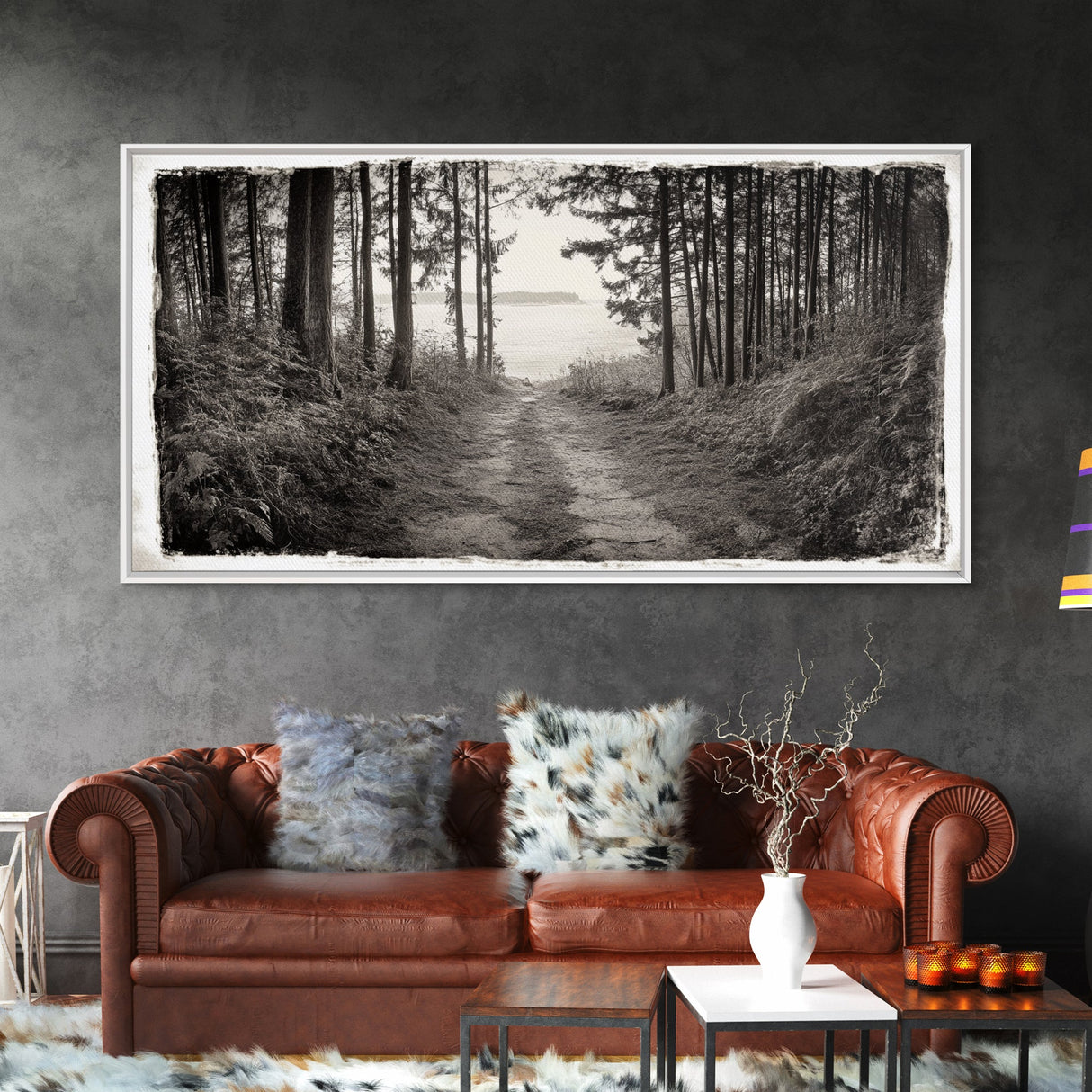 Forest Path, Island View, Vintage Border, Nature Trail, Canvas Print, Sepia Landscape Art, Entryway Wall Art, Woodland Photography Style