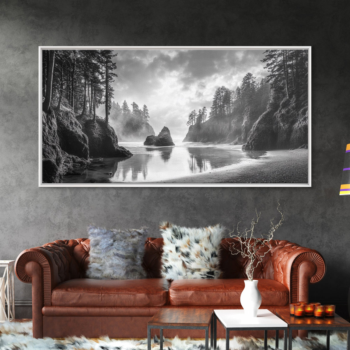 Forest Coast, Secluded Beach, Ocean Rocks, Misty Trees, Framed Canvas Print, Nature Wall Art, Living Room Decor, Moody Landscape