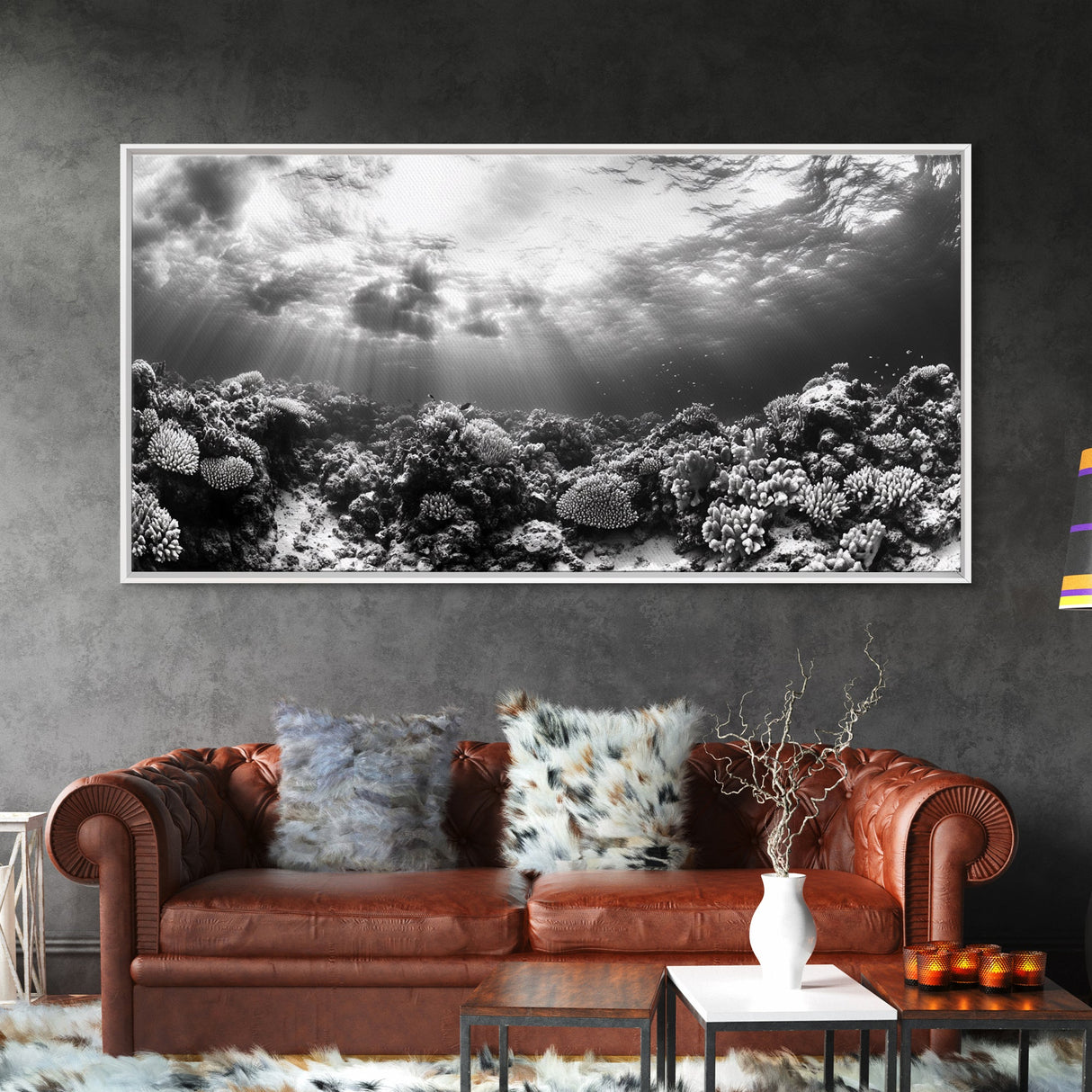 Coral Reef, Ocean Depths, Sunlight Rays, Marine Life, Canvas Print, Minimalist Nature Art, Bathroom Decor, Underwater Scene, Bedroom Wall Art