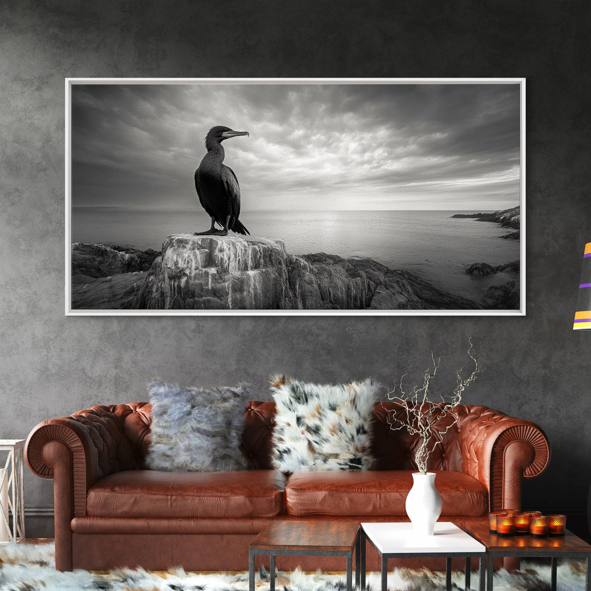 Sea Bird, Rocky Shore, Stormy Horizon, Coastal Watcher, Canvas Print, Nature Photography Art, Bedroom Decor, Ocean Wildlife