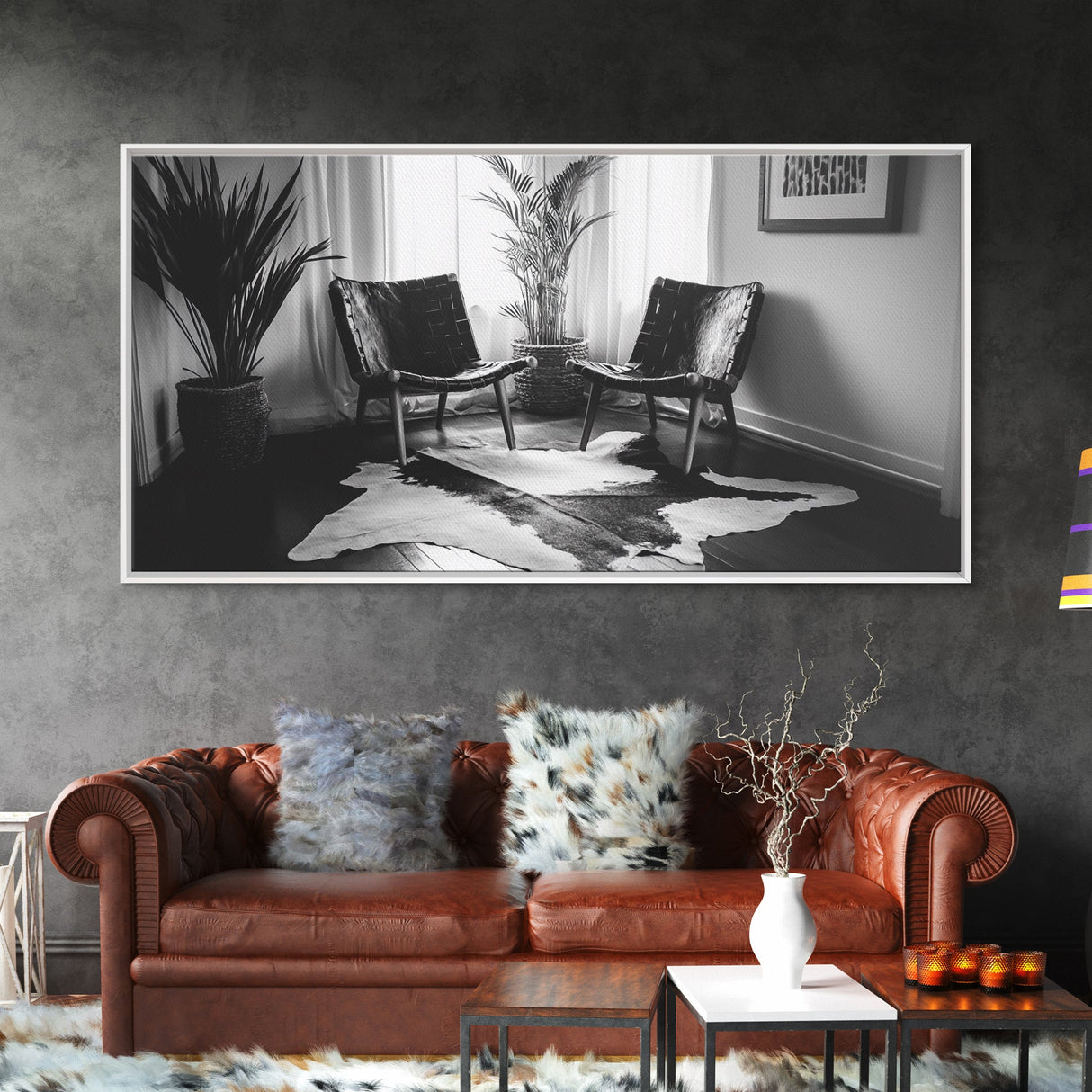 Leather Chairs, Cowhide Rug, Indoor Plants, Modern Farmhouse, Framed Canvas Print, Minimalist Living Room Art, Cozy Home Decor