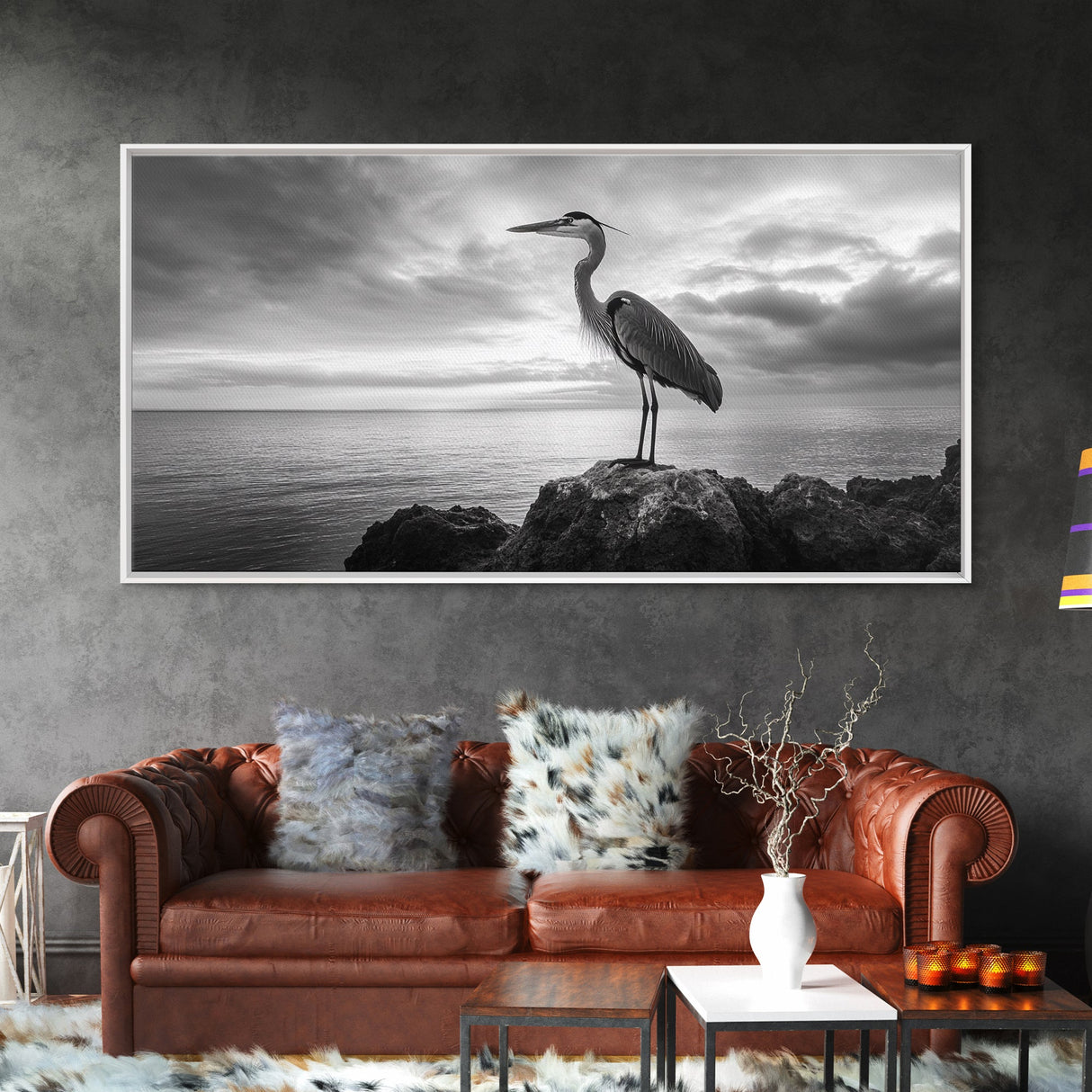 Heron Bird, Ocean Rock, Serene Wildlife, Canvas Print, Coastal Wall Art, Modern Farmhouse Decor, Minimalist Animal Scene