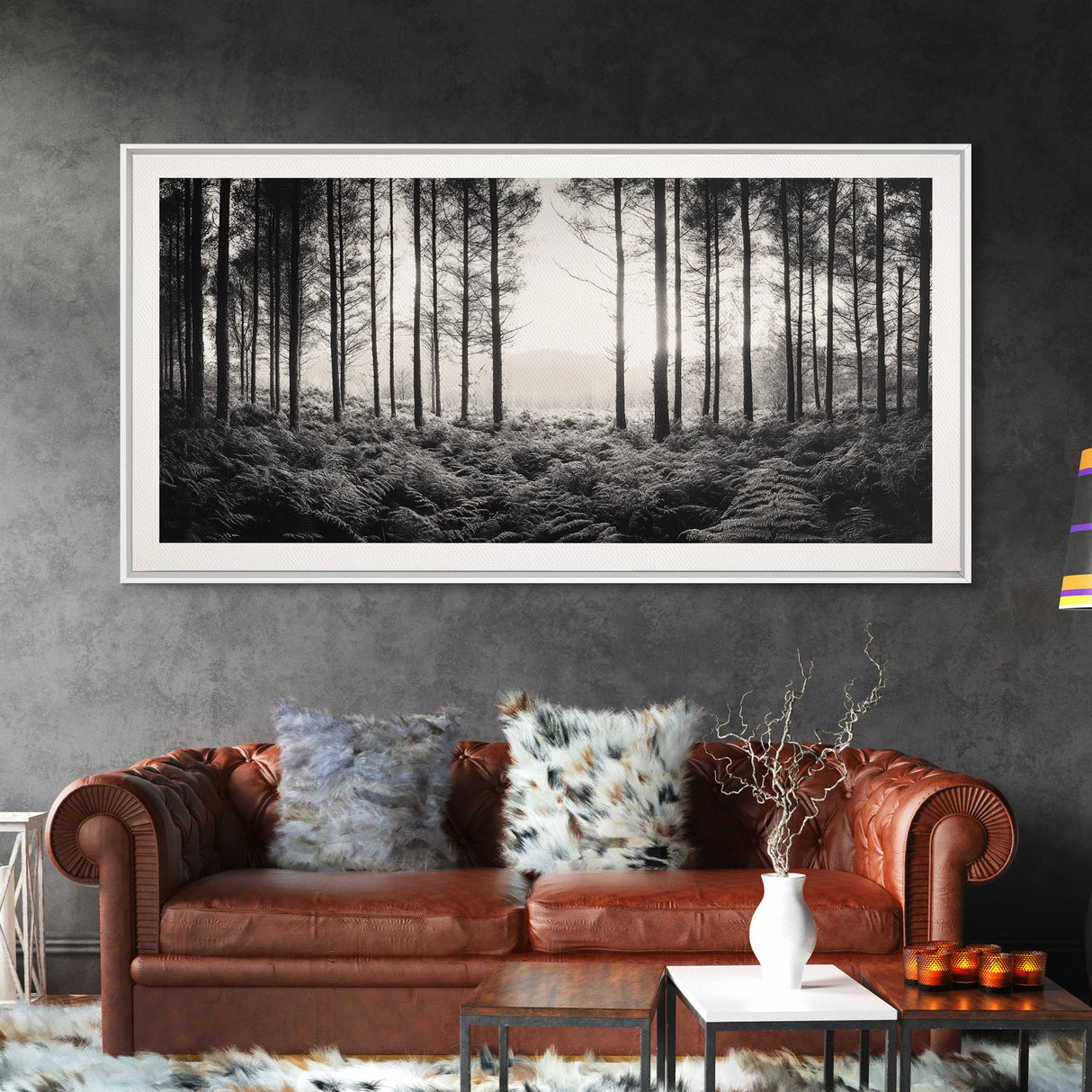 Forest Light Scene, Tall Trees Shadows, Nature Mist Pathway, Framed Canvas Print, Woodland Bedroom Art, Boho Rustic Wall Decor