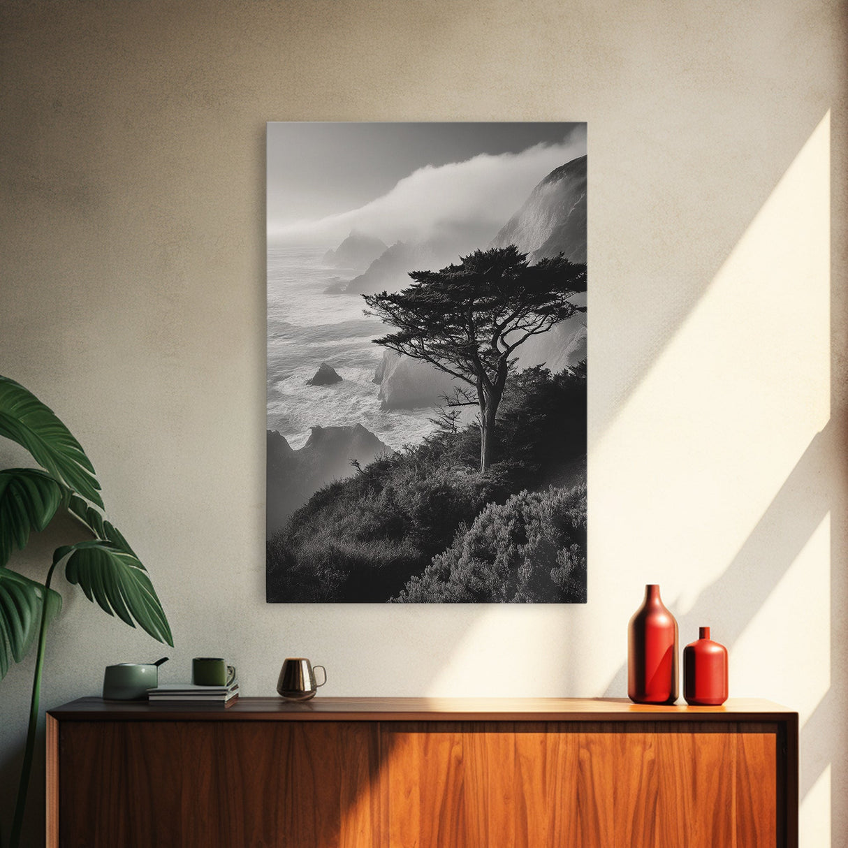 Tree On Cliffs, Foggy Coastline, Monochrome Coastal View, Moody Nature Scene, Framed Canvas Print, Bedroom Wall Art, Earthy Minimalist Decor