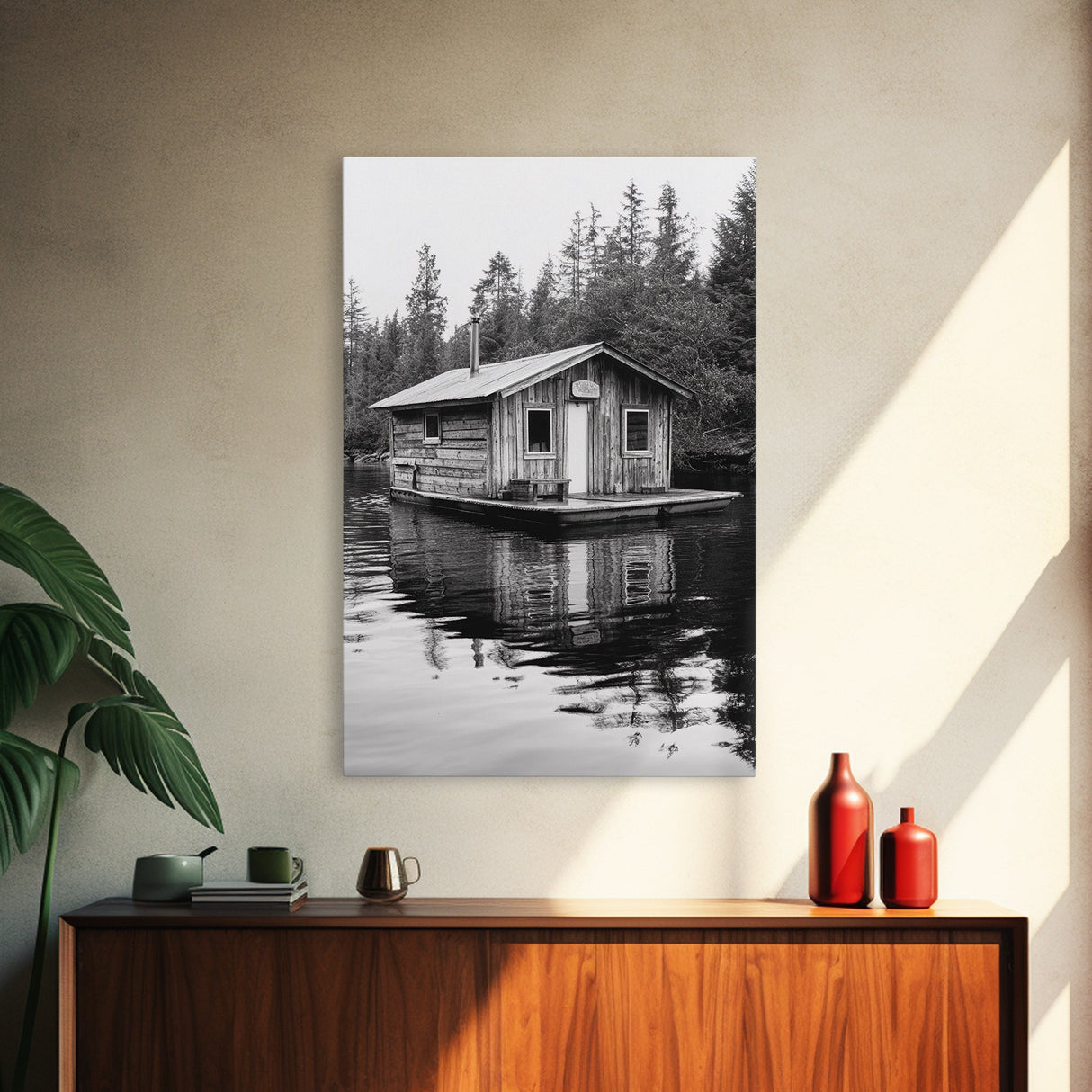 Floating Cabin, Lake House, Forest Reflection, Tranquil Waters, Framed Canvas Print, Bedroom Wall Art, Cabin Aesthetic, Rustic Nature Vibe