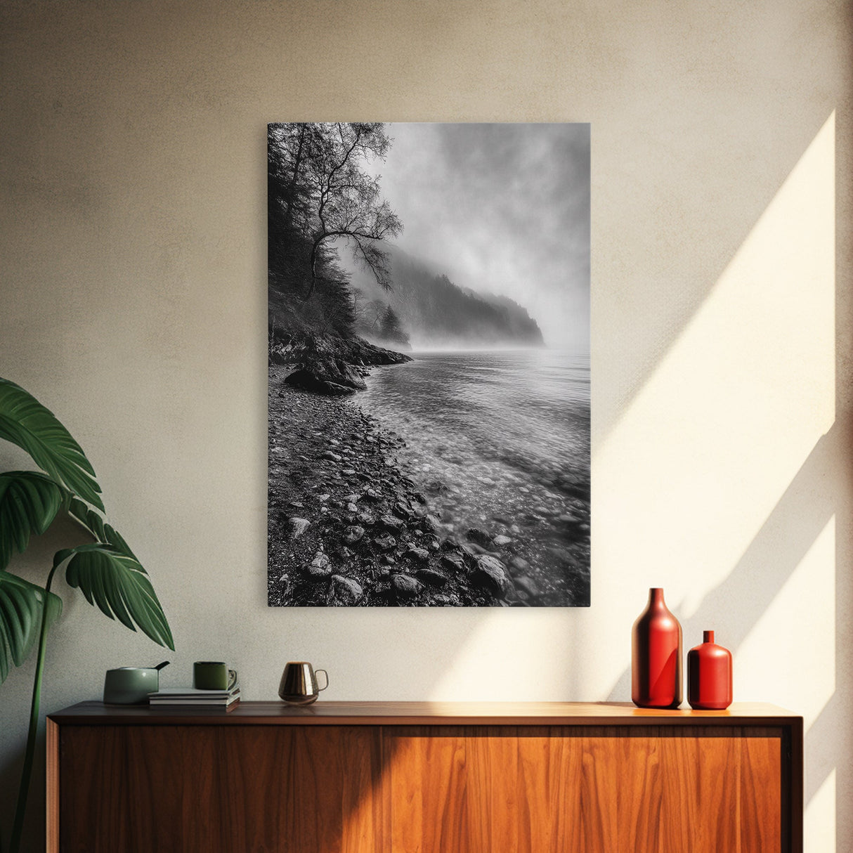 Foggy Coast, Moody Shore, Tranquil Pebbles, Forest Water, Framed Canvas Print, Bathroom Wall Art, Nature Photography Style, Calm Retreat Decor