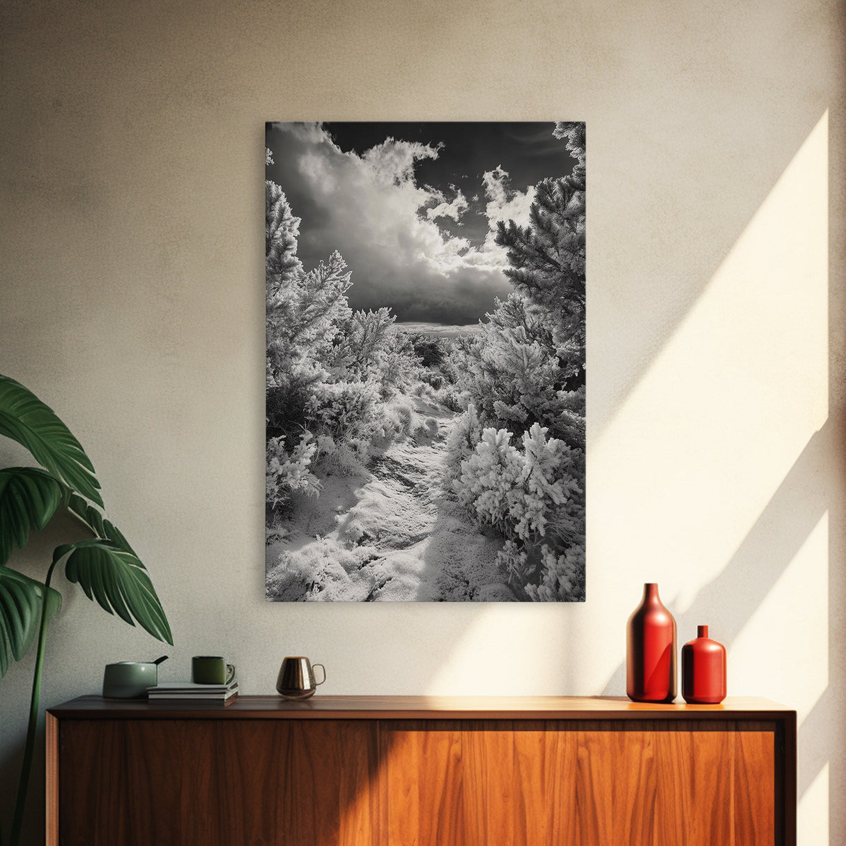 Snowy Pine Path, Winter Forest Light, Frozen Landscape Art, Canvas Print, Holiday Wall Art, Minimalist Winter, Nordic Style Decor