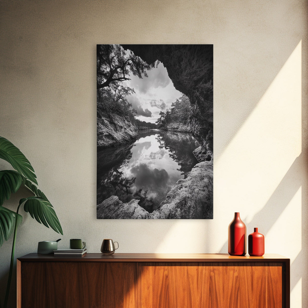 Serene River Reflection, Cave View, Monochrome Nature, Framed Canvas Print, Living Room Wall Art, Tranquil Landscape, Minimalist Decor