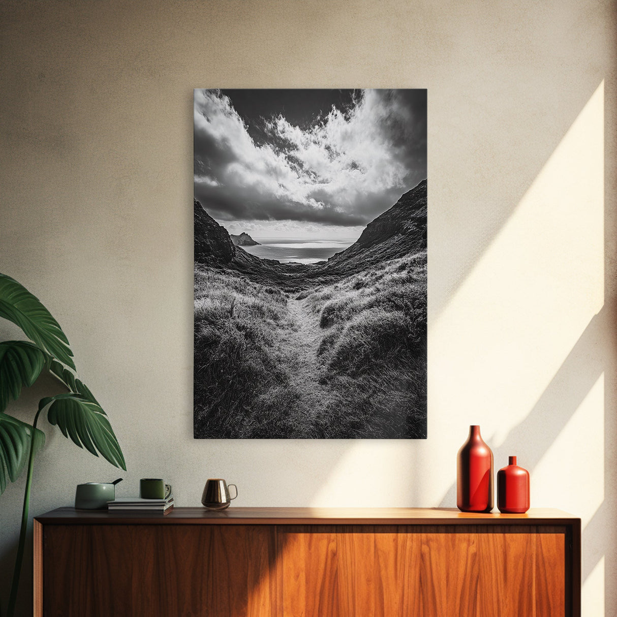 Highland Ocean Trail, Dramatic Clouds, Monochrome Nature, Canvas Print, Office Wall Art, Adventure Landscape, Rustic Home Decor