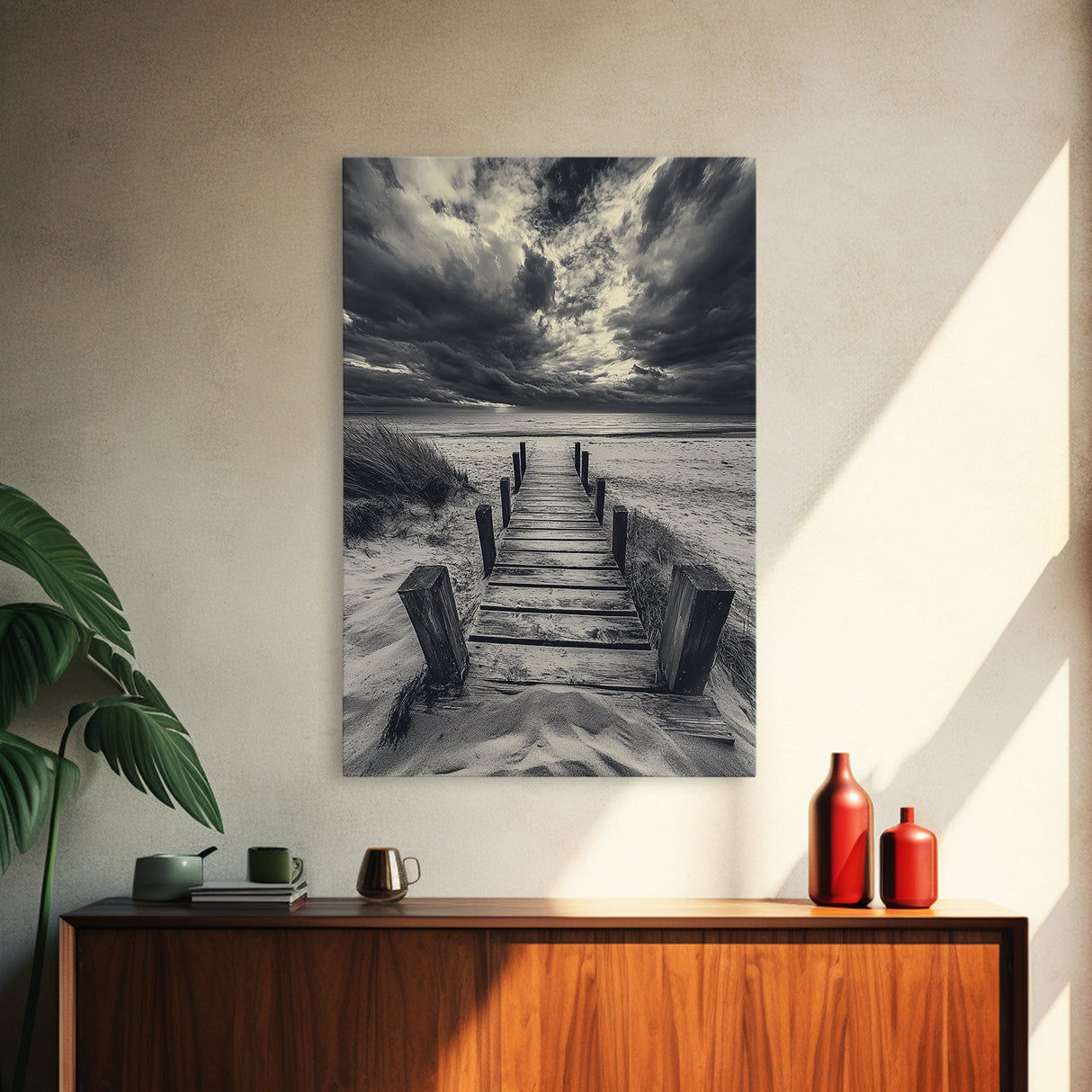 Stormy Beach Dock, Dramatic Skies, Coastal Mood, Framed Canvas Print, Fall Wall Art, Entryway Decor, Moody Seascape, Rustic Coastal Home