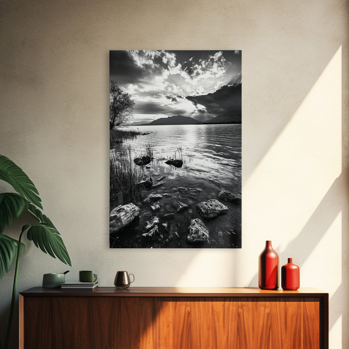 Lake Sunset View, Peaceful Mountainscape, Nature Reflection, Framed Canvas Print, Living Room Wall Art, Tranquil Scenic Landscape
