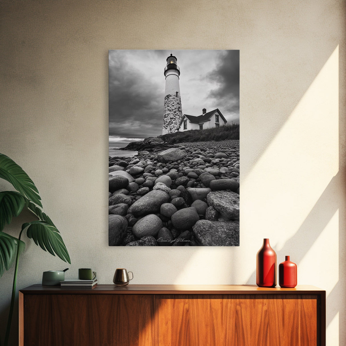 Lighthouse Shore Rocks, Coastal Beacon, Moody Clouds, Framed Canvas Print, Nautical Wall Art, Rustic Beach House Decor, Fall Storm Style