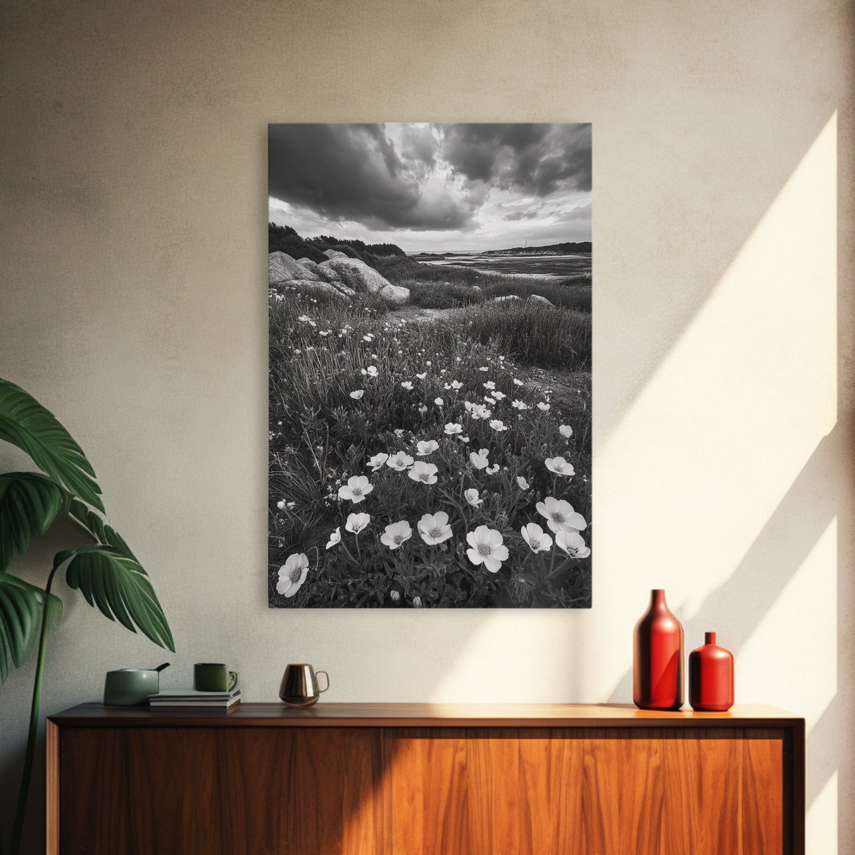 Meadow Bloom, Coastal Flowers, Stormy Sky, Framed Canvas Print, Spring Wall Art, Nature Photography, Kitchen Botanical Decor