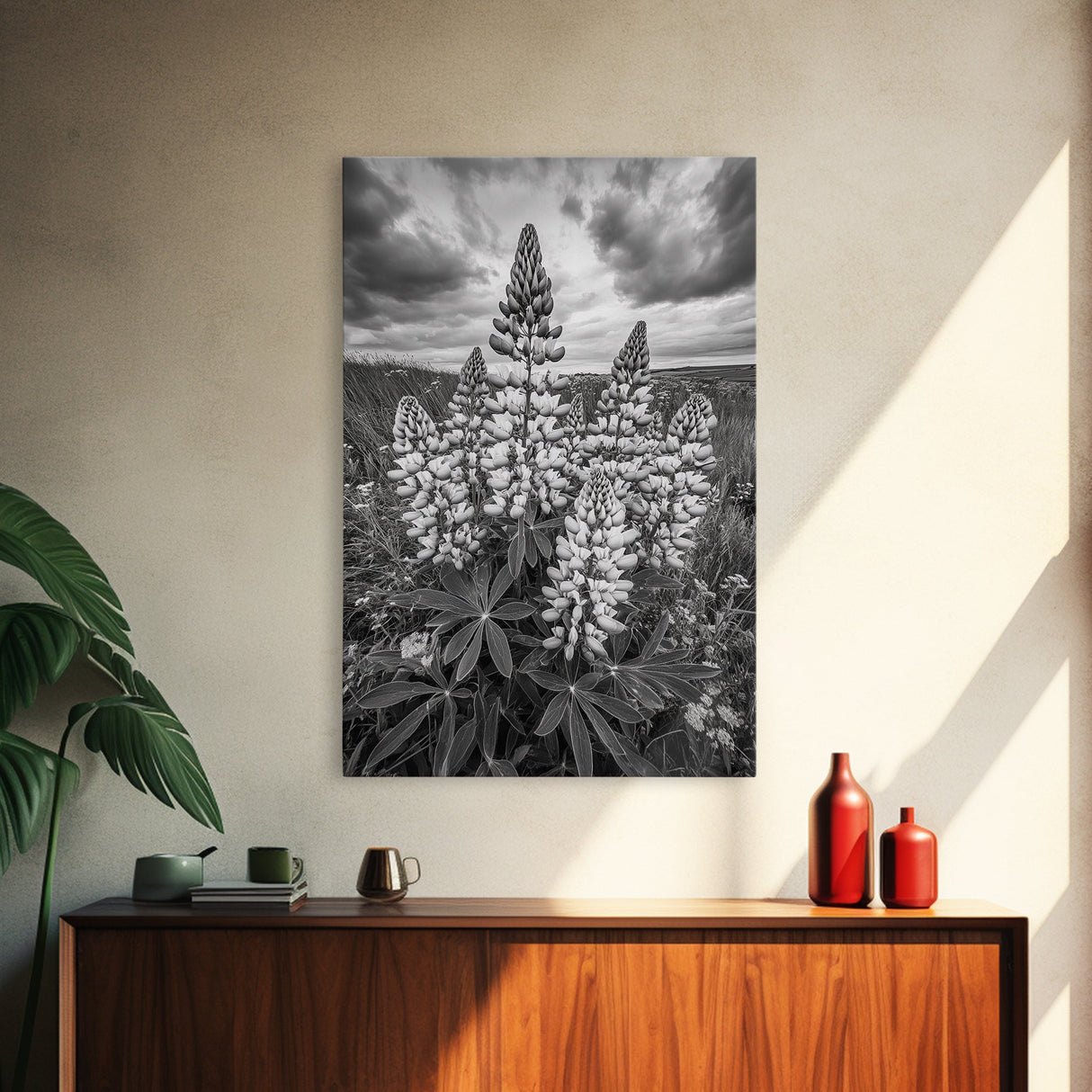 Lupine Flower Field, Bold Floral, Spring Nature Scene, Framed Canvas Print, Boho Living Room Art, Botanical Wall Decor