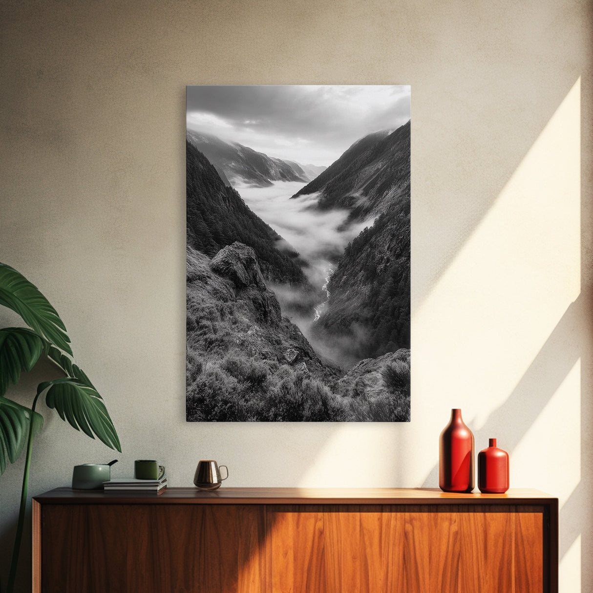 Foggy Mountain Valley, Nature Escape, Serene Wall Art, Framed Canvas Print, Adventure Photography, Cabin Autumn Decor
