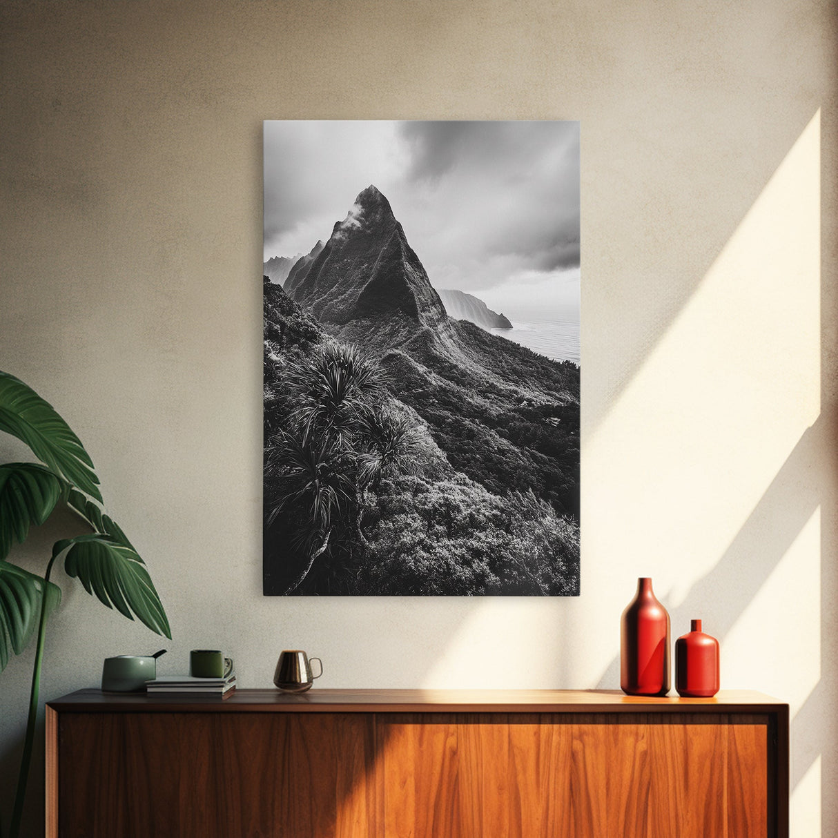 Lush Mountain Range, Cloud Covered Peaks, Jungle Tranquility, Framed Canvas Print, Entryway Wall Art, Black and White Nature, Boho Wall Art
