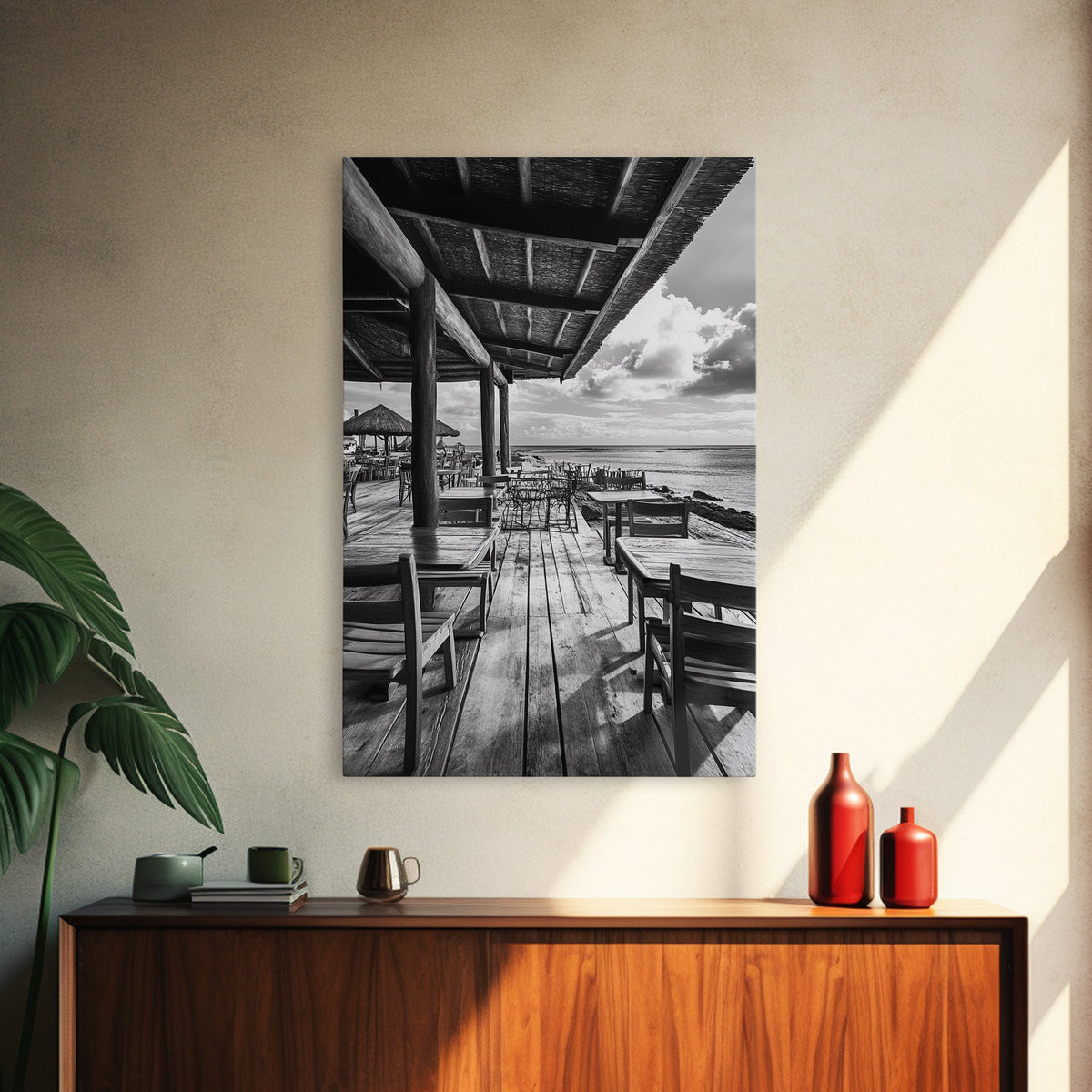 Seaside Café, Coastal Patio, Ocean View, Canvas Print, Rustic Kitchen Wall Art, Tropical Dining Decor, Travel Lifestyle Art