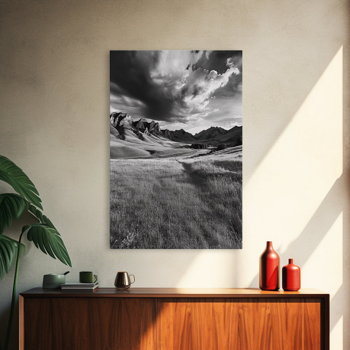 Mountain Valley, Stormy Sky, Western Landscape, Framed Canvas Print, Office Wall Art, Moody Nature Decor, Fall Art, Wilderness Style
