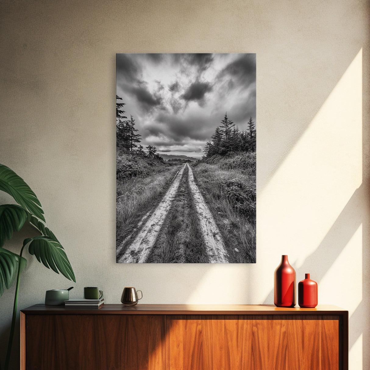 Forest Trail, Overcast Sky, Nature Pathway, Moody Landscape, Framed Canvas Print, Office Wall Art, Woodland Autumn Decor