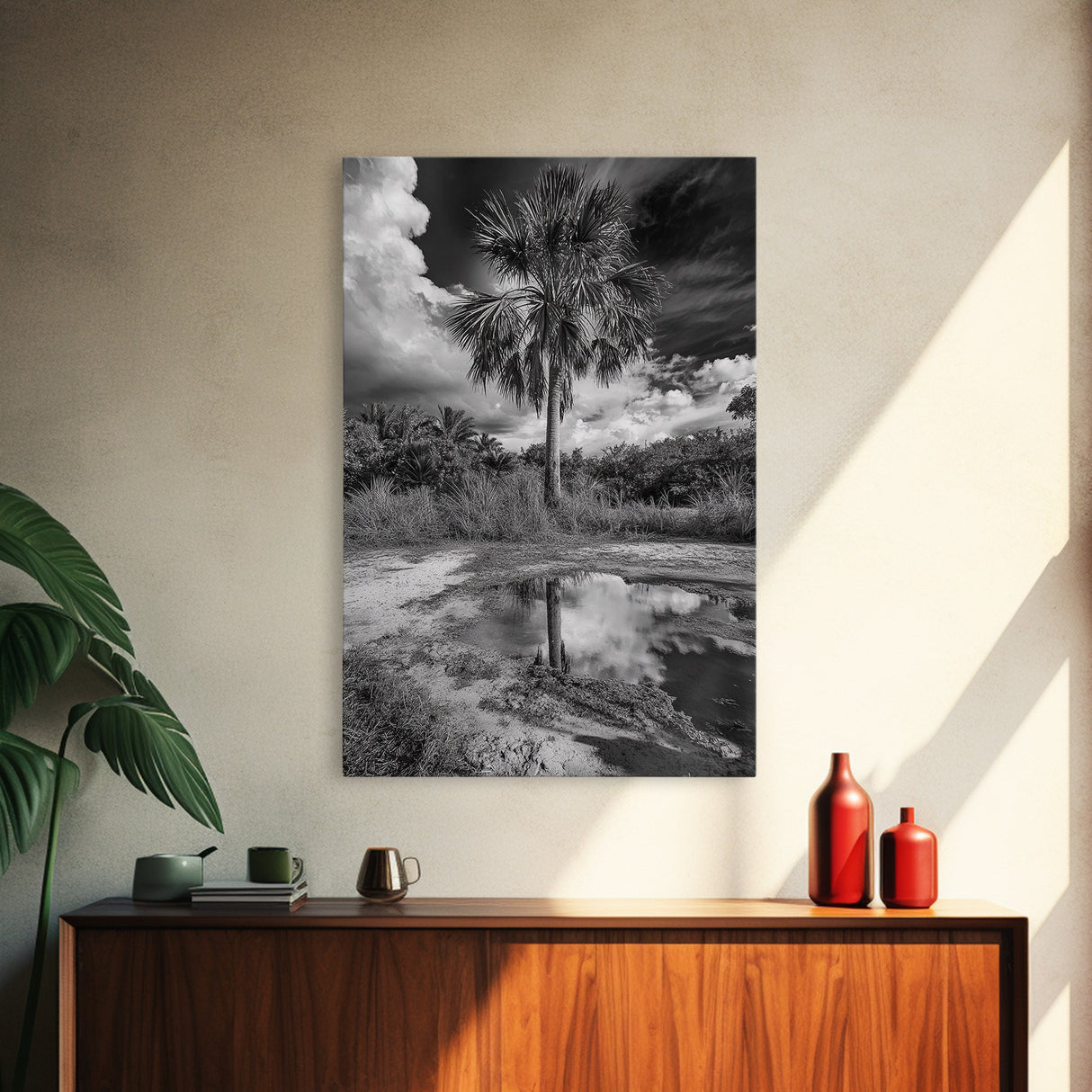 Tropical Palm, Reflected Sky, Nature Tranquility, Canvas Print, boho wall decor, bathroom art, tropical reflection photography
