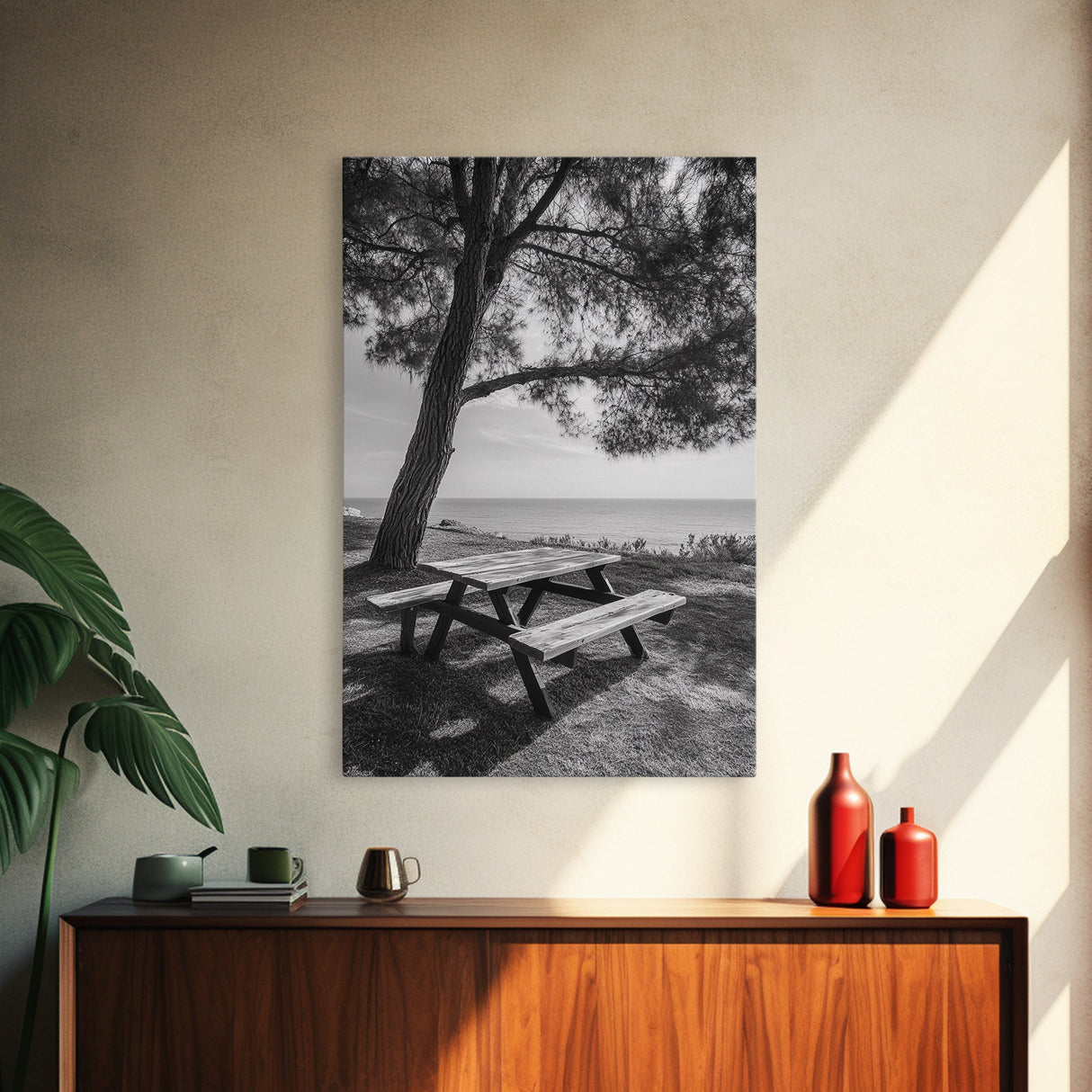 Seaside Bench, Peaceful Escape, Shaded Picnic, Canvas Print, nature photography, coastal wall art, relaxing ocean decor, Minimalist Decor