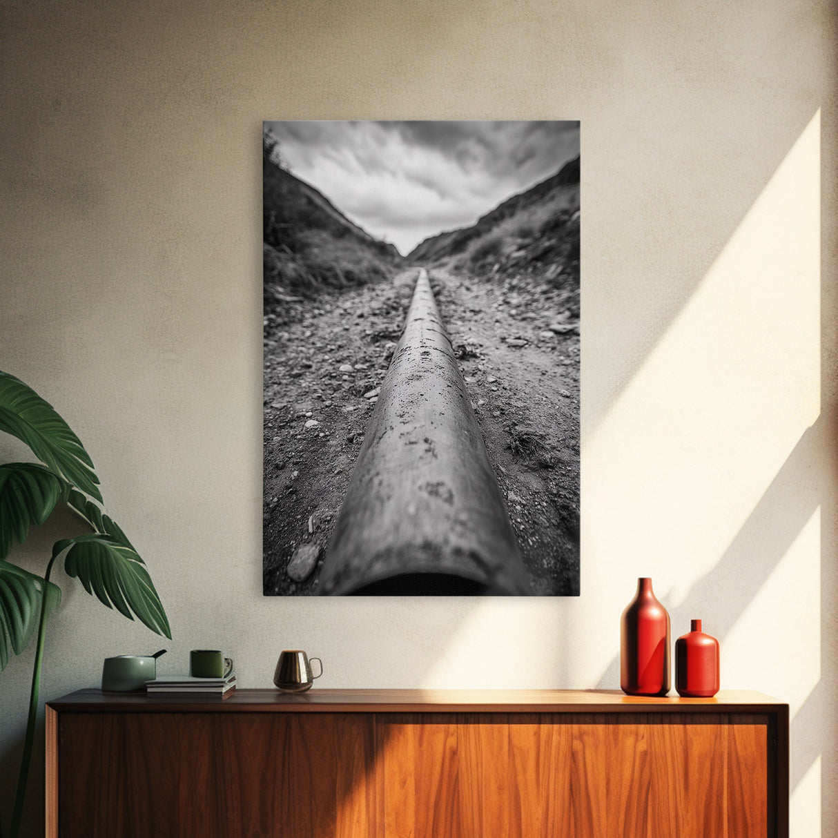 Industrial Line, Utility Pipe, Grunge Road, Canvas Print, Black White Photography, Modern Loft Decor, Urban Wall Art, Minimalist Style