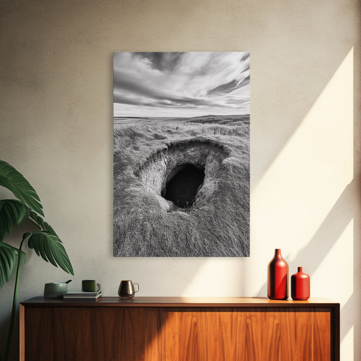 Burrow Entrance, Hidden Hole, Grassland Tunnel, Canvas Print, Nature Wall Art, Living Room Decor, Black White Landscape Photography