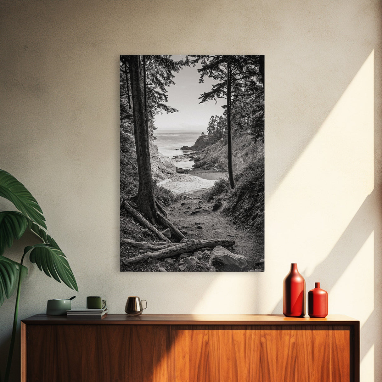 orest Cove, Ocean View, Pacific Trail, Framed Canvas Print, Coastal Nature Wall Art, Entryway Decor, Earthy Minimalist Photography