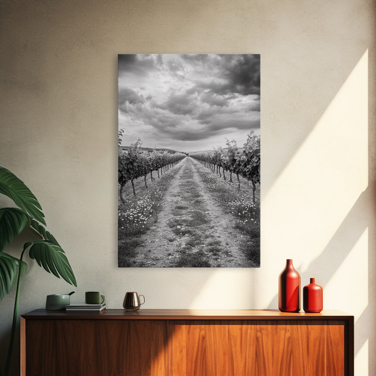 Vineyard Rows, Cloudy Skies, Countryside Path, Canvas Print, Farmhouse Wall Art, Kitchen or Dining Decor, Rustic Landscape Photo