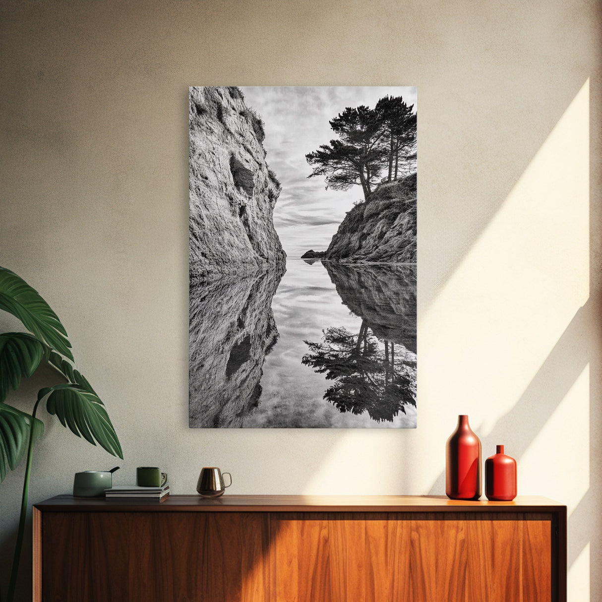 Reflected Trees, Peaceful Cove, Monochrome Seascape, Tranquil Decor, Framed Canvas Print, Zen Wall Art, Entryway Print, Coastal Calm