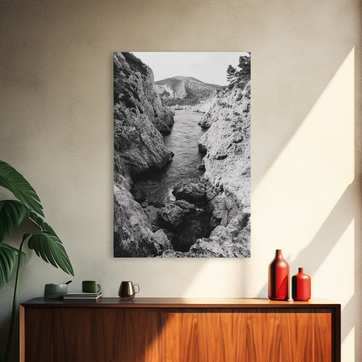 Mountain Gorge, Rugged Canyon, Flowing Stream, Wilderness Explorer, Framed Canvas Print, Cabin Wall Art, Adventurous Rustic Style