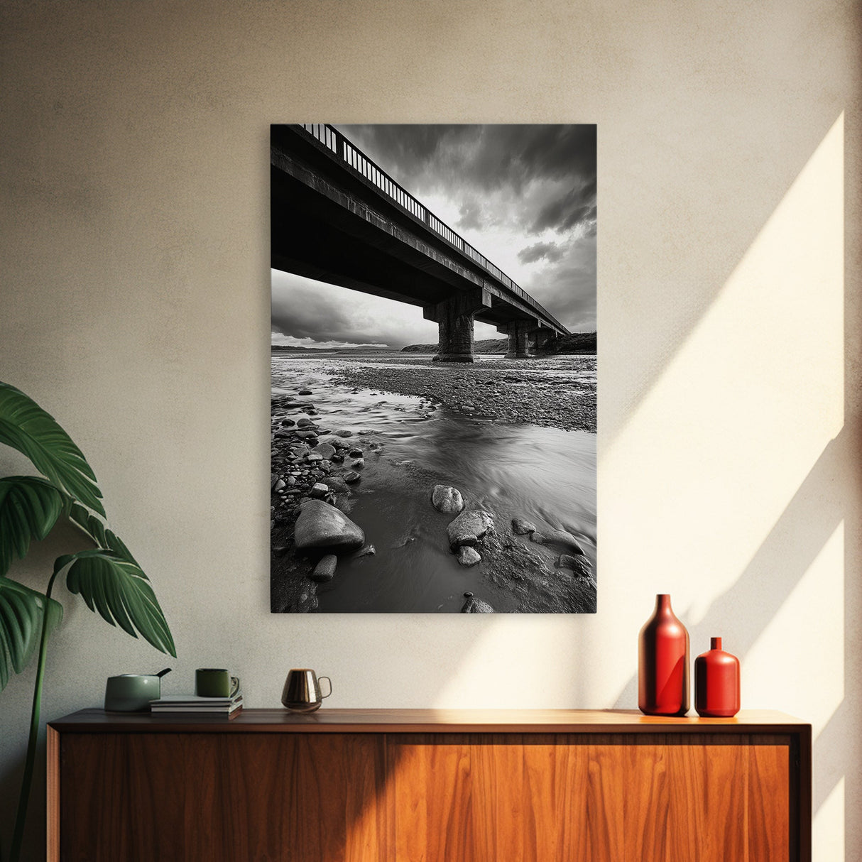 Stormy Bridge, River Rocks, Dramatic Sky, Modern Landscape, Framed Canvas Print, Moody Photography, Office Wall Art, Minimalist Decor