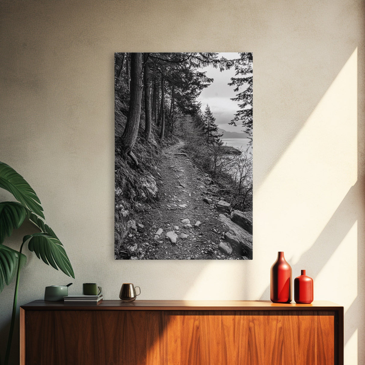 Forest Pathway Trail, Wilderness Escape, Rustic Nature, Black and White Framed Canvas Print, Cozy Cabin or Entryway Wall Art