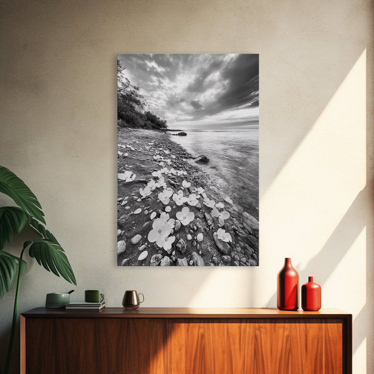 Flower Shore, Peaceful Beach, Moody Sky, Petal Scape, Framed Canvas Print, romantic beach art, bedroom decor, black and white floral print