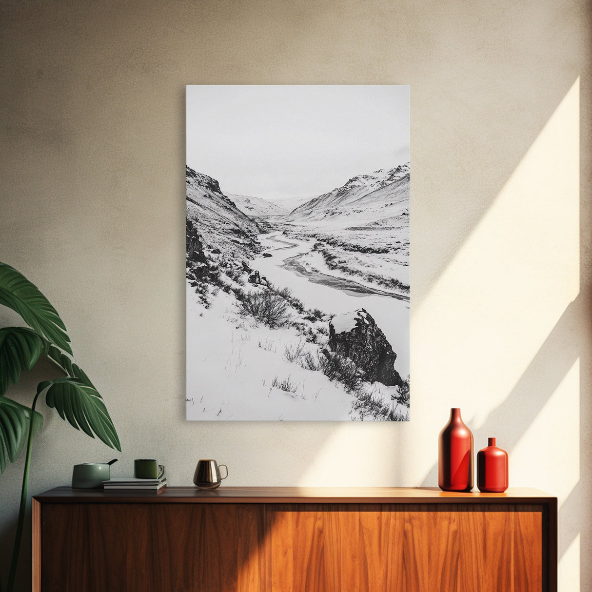 Snowy Canyon, Winter Valley, Frozen Landscape, Framed Canvas Print, Minimalist Wall Art, Neutral Living Room or Office Decor