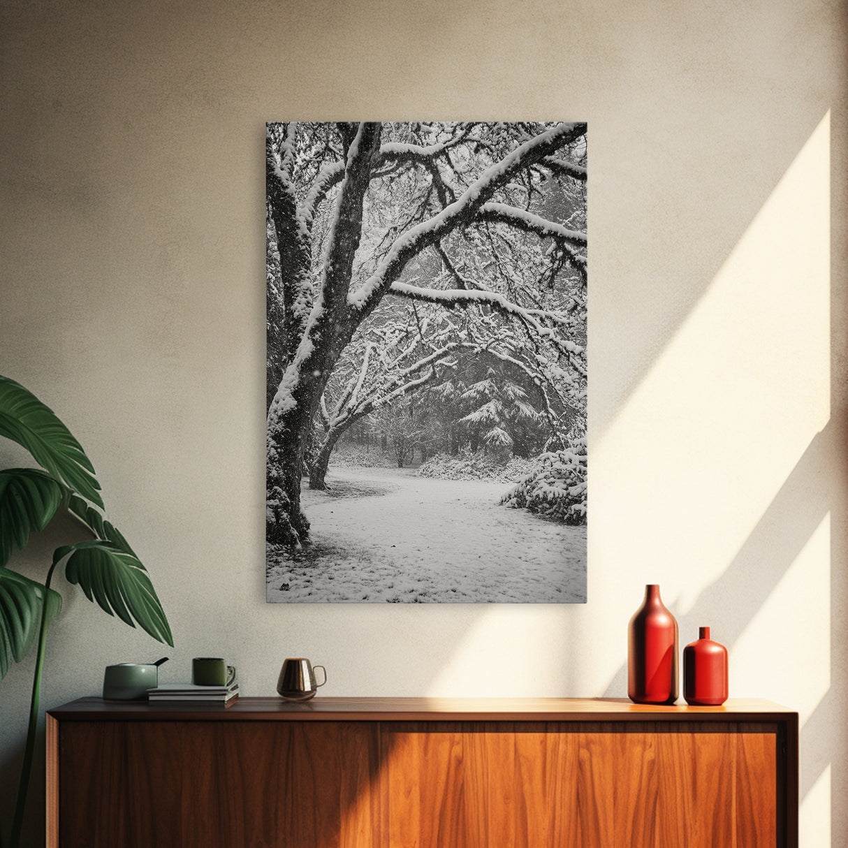 Snowfall Trees, Winter Forest, Nature Pathway, Canvas Print, Holiday Season Decor, Cozy Living Room or Cabin Wall Art
