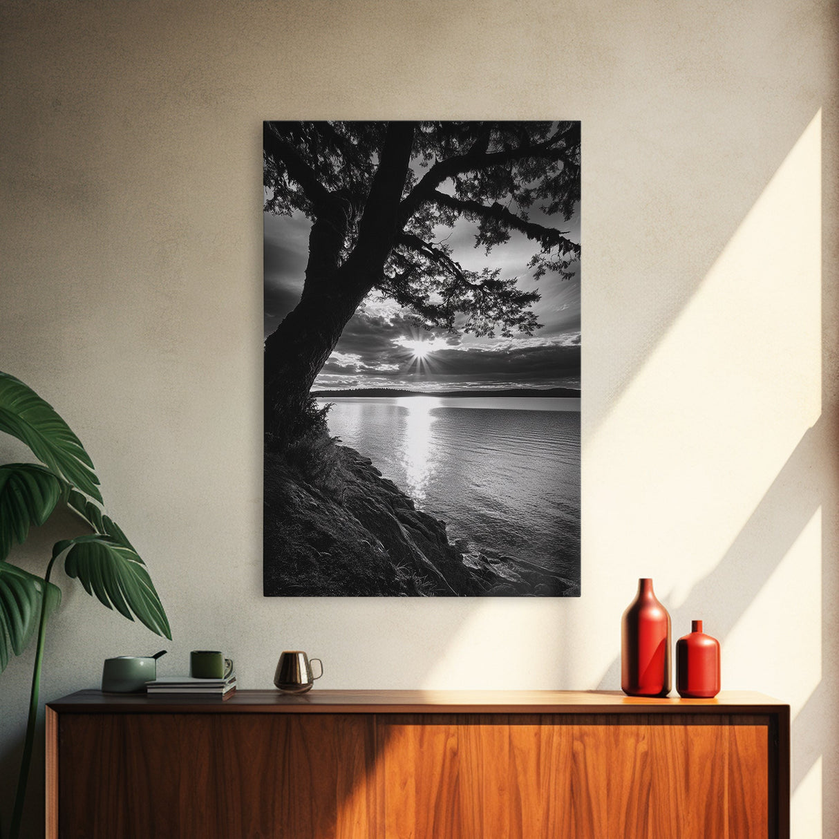 Tranquil Lake Sunset, Tree Silhouette, Calm Waters, Canvas Print, Nature Inspired Wall Art, Relaxing Bedroom Decor, Minimalist Zen