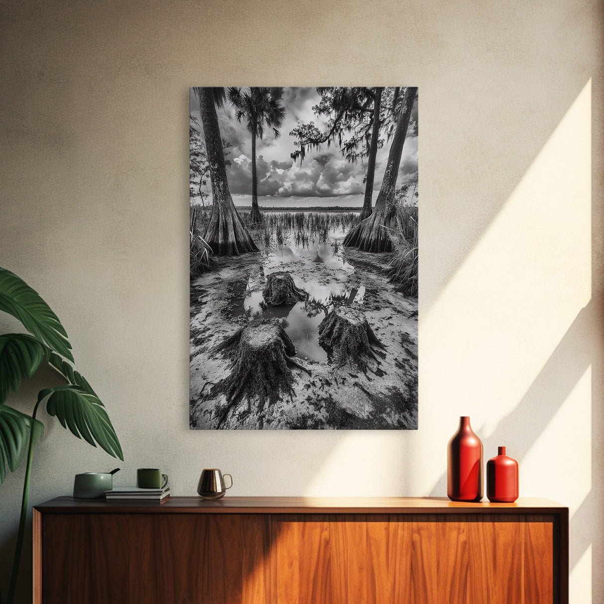 Swamp Scene, Cypress Trees, Reflection Water, Southern Nature, Canvas Print, Cabin Wall Art, Moody Landscape, Autumn Rustic Decor
