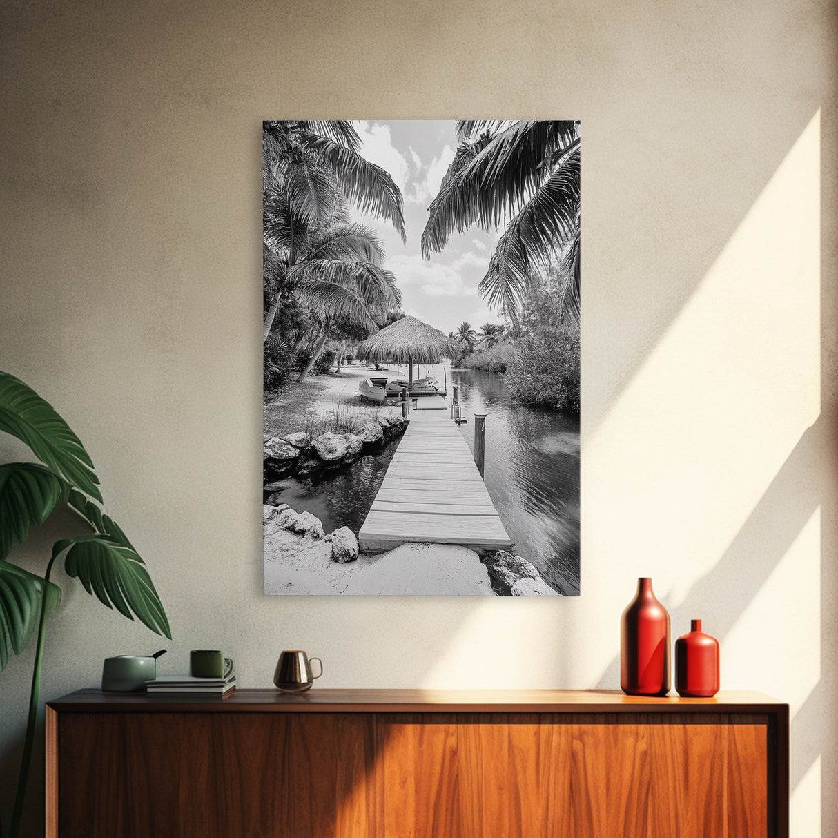 Tropical Dock, Island Escape, Palm Tree Beach, Secluded Lagoon, Canvas Print, Coastal Kitchen Art, Boho Tropical Wall Decor