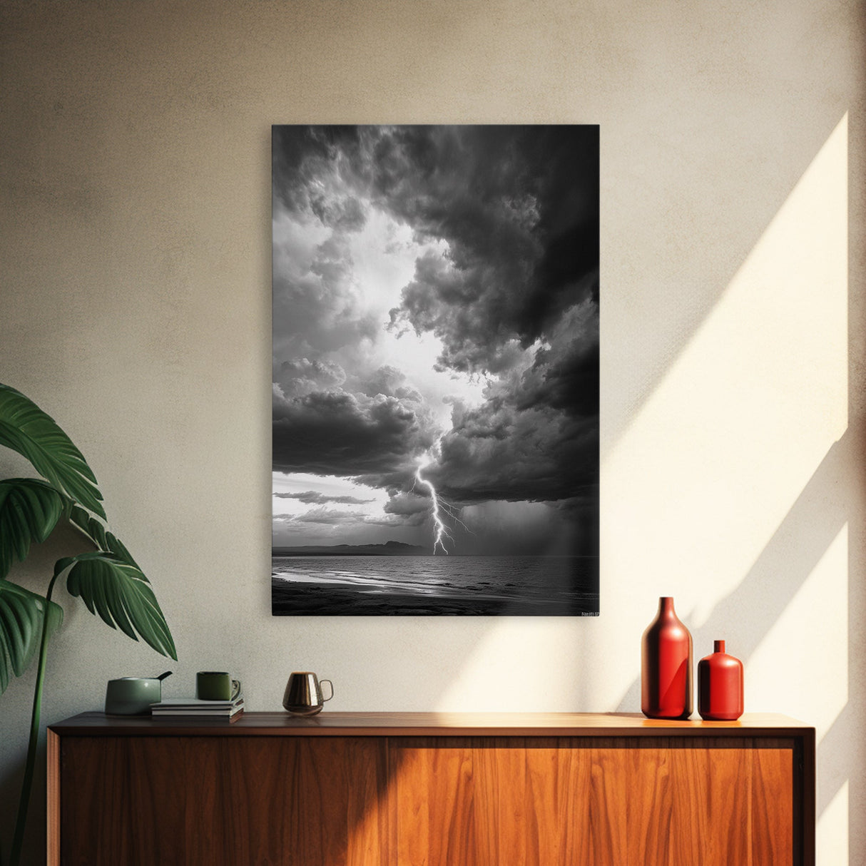 Lightning Strike Beach, Stormy Sky Photography, Dramatic Landscape, Office Wall Art, Nature Scene, Framed Canvas Print, Bold Wall Decor