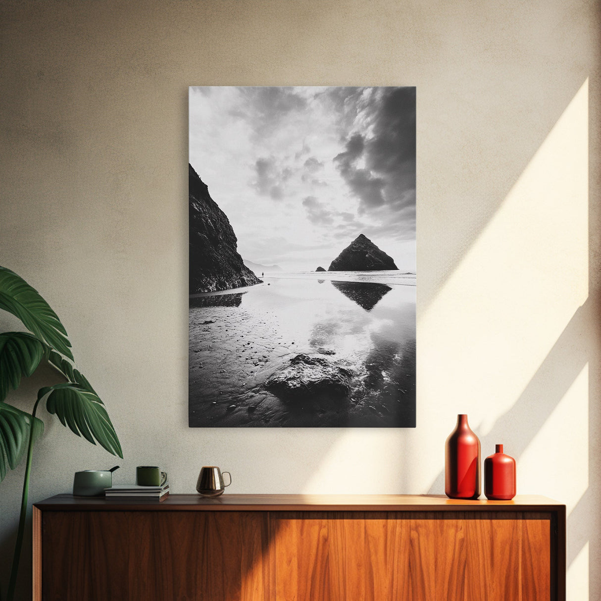 Remote beach reflection, lone hiker wanderlust, coastal rockscape, black white dreamscape, Framed Canvas Print, living room moody decor