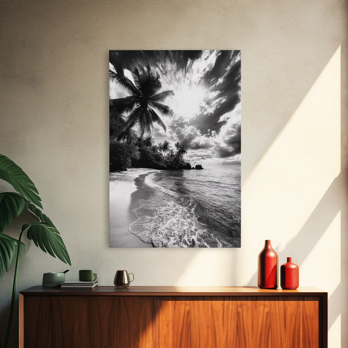 Tropical Sunset Beach, Palms and Waves, Cloudy Skies, Island Vibes, Framed Canvas Print, Coastal Wall Art, Beach House Decor
