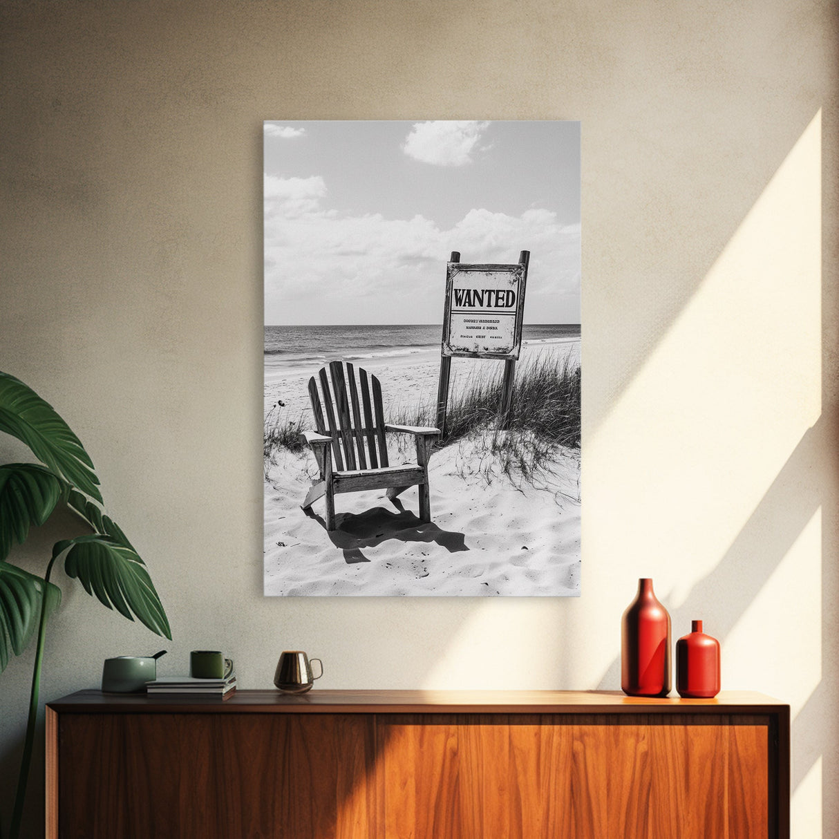 Wanted Poster, Beach Chair, Western Humor, Framed Canvas Print, Man Cave Decor, Coastal Country Style, Black and White Photography