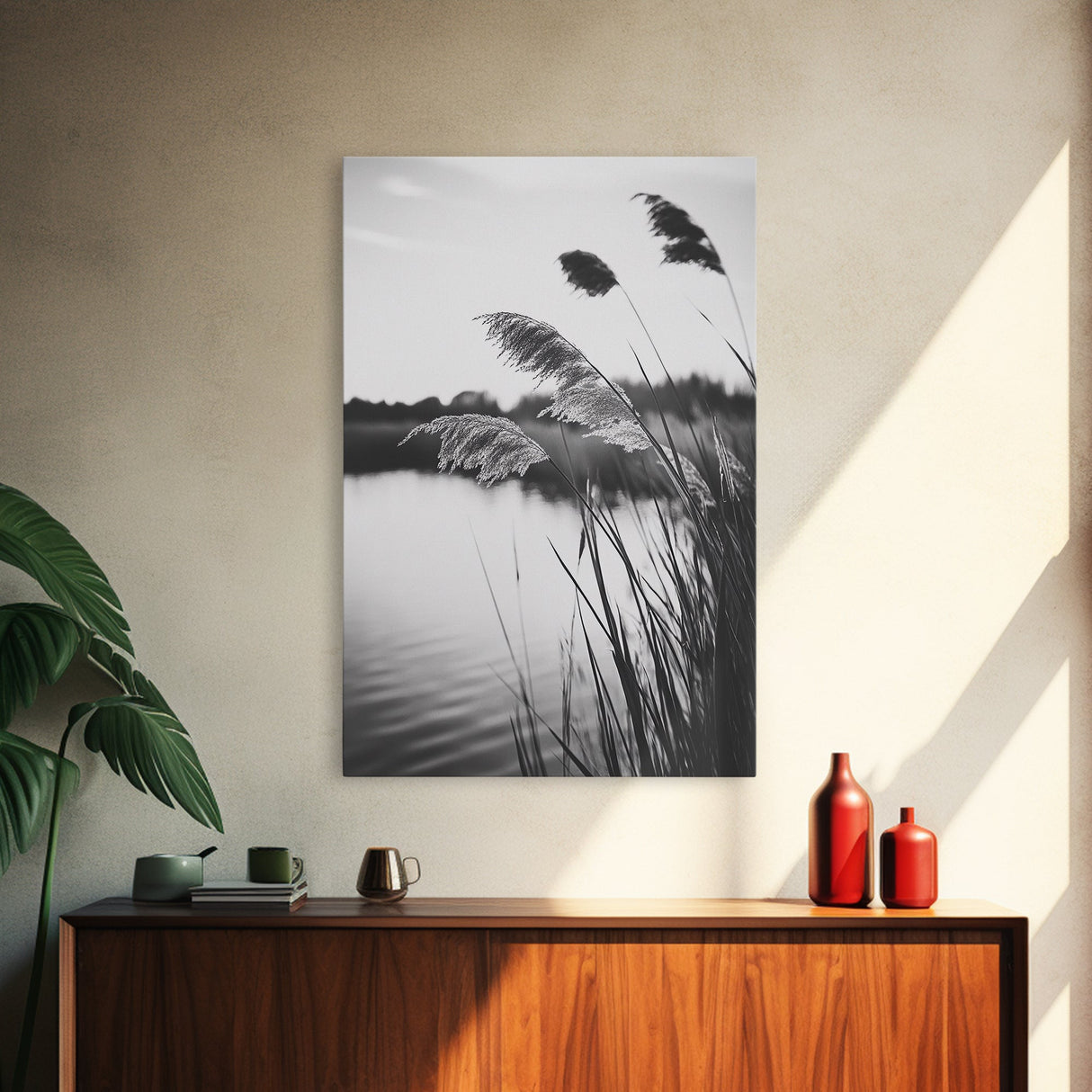 Reed Grass, Gentle Breeze, Black and White Nature, Canvas Print, Minimalist Wall Art, Tranquil Lake Scene, Bedroom Decor