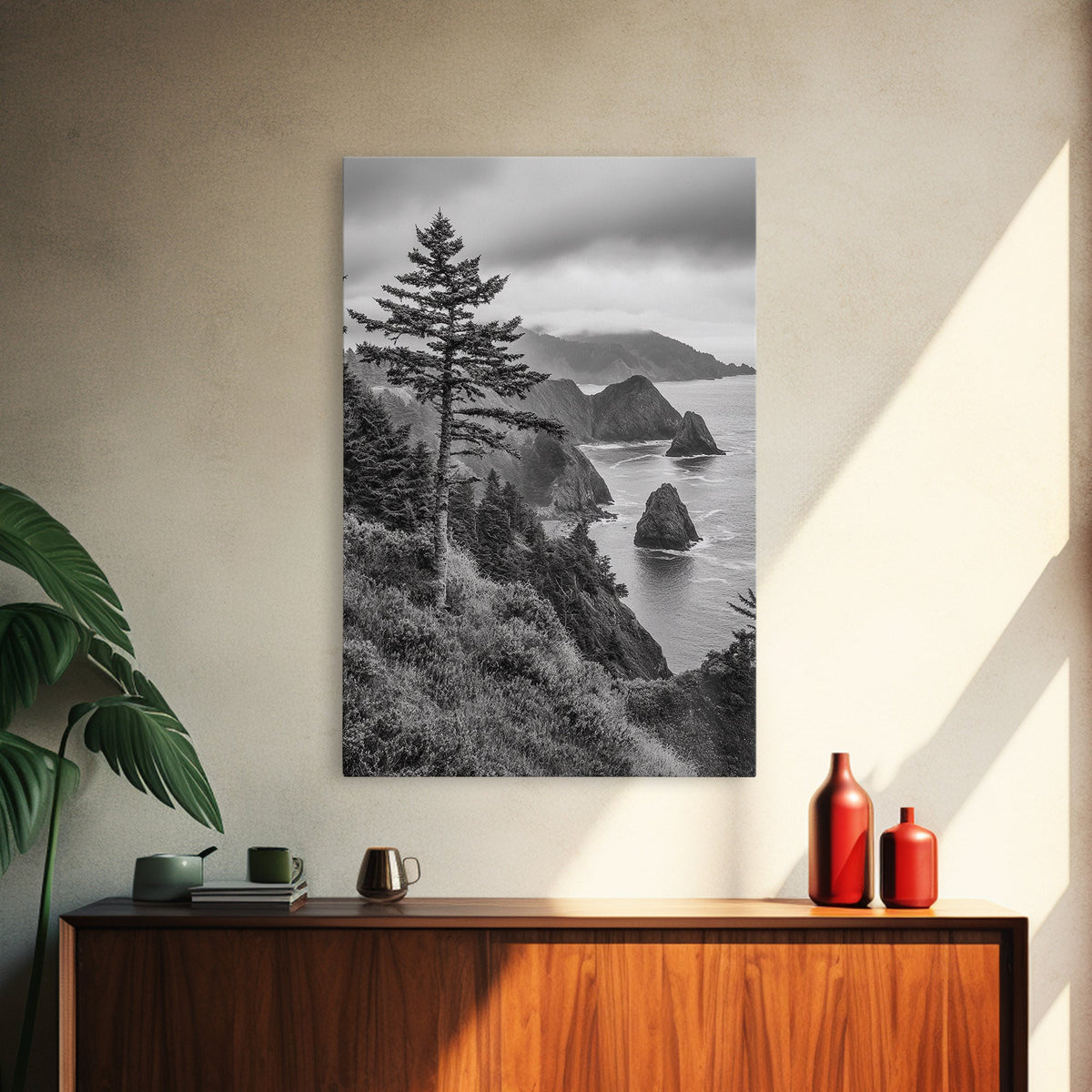 Oregon Coastline View, Misty Cliffs, Evergreen Forest, Coastal Vibes, Framed Canvas Print, Rustic Cabin Art, Living Room Wall Decor